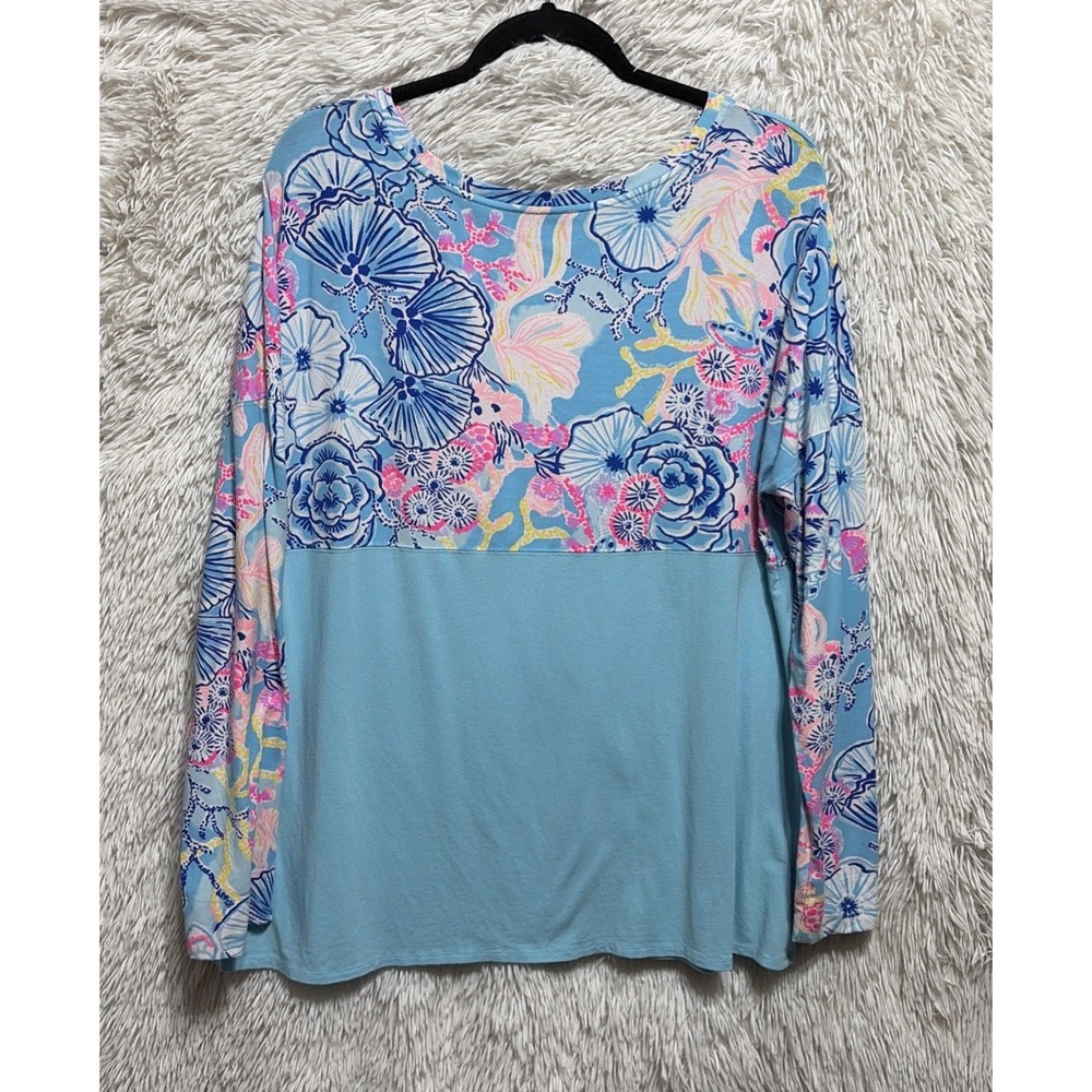 Lilly Pulitzer Finn Top Women's XL Blue Floral Boat Neck Long Sleeve Pima Cotton - Picture 3 of 7